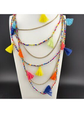Multicolor Beaded Tassel Layered Chain Necklace 30 inch Festival Boho